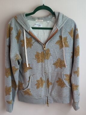 Gant Rugger Gray Zip-Up Hoodie Sweater with Gold Leaf Print-Small